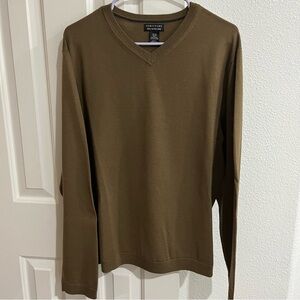 Structure 100% Merino Wool Olive Brown V-Neck Sweater Men’s XL Fine Knit